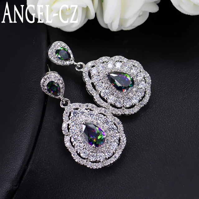ANGELCZ Fancy Multicolor Crystal Sterling Silver Big Drop Earrings For