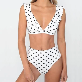 

Dot Printed Women Summer Ruffle High Waist Bikinis Sexy Bikini Set 2019 Swimwear Push Up Swimming Suit For Women Black / White