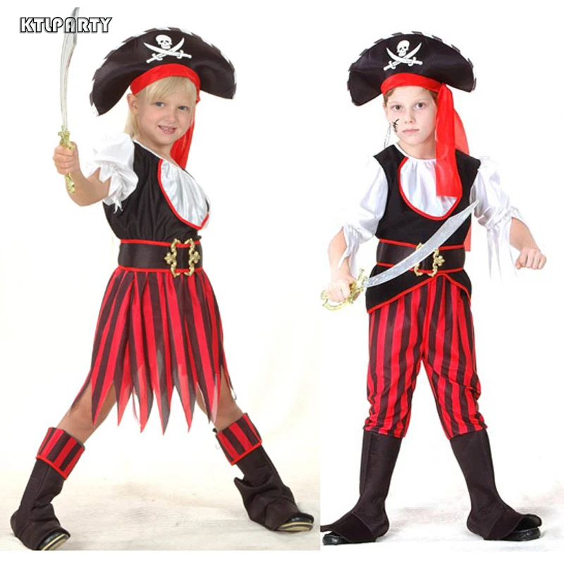 Хэллоуин вечерние Косплэй, костюм детская одежда для мальчиков и девочек, костюм пирата костюм, полный набор, шапка, юбка, пальто с поясом; сапоги для детей