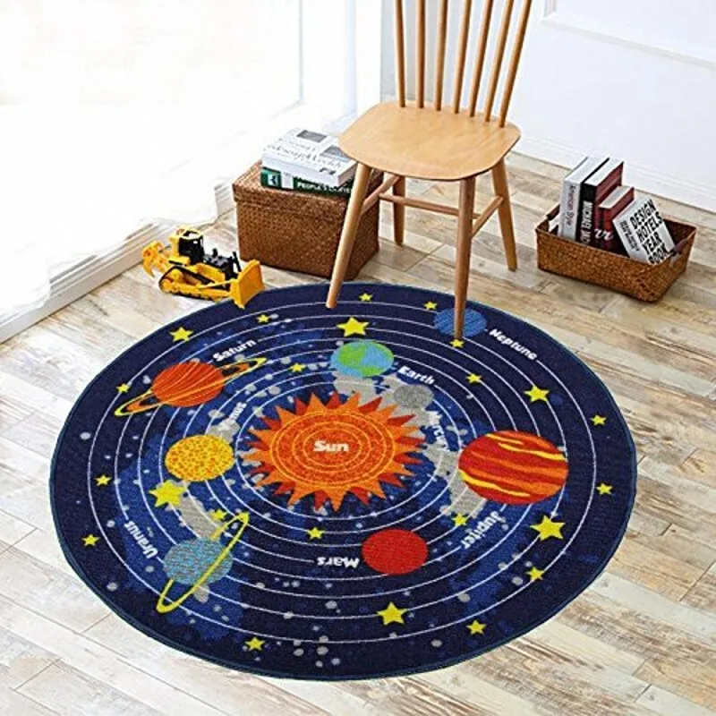 3 Sizes Kids Rug Round Area Rug Carpet for Kids Solar System Children Learning Area Rug Children's Non Slip Bottom Fun Area Rug