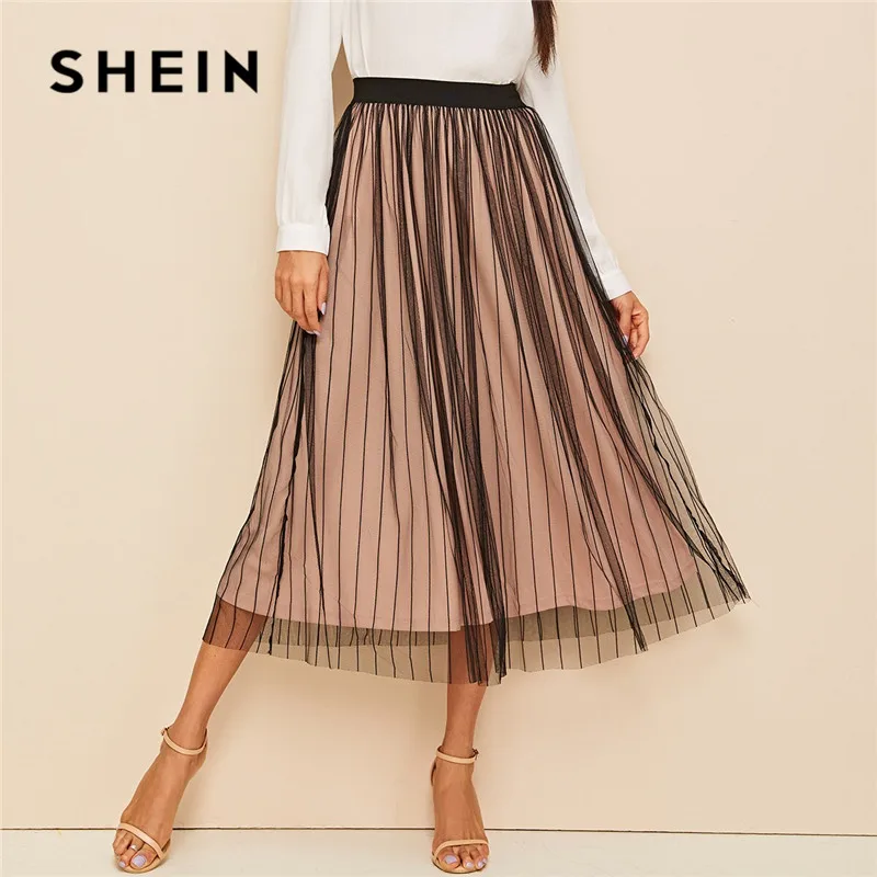 

SHEIN Striped Mesh Overlay Pleated Skirt Women Clothes 2019 Spring Autumn Elegant A Line Solid Long Skirt Lady High Waist Skirt