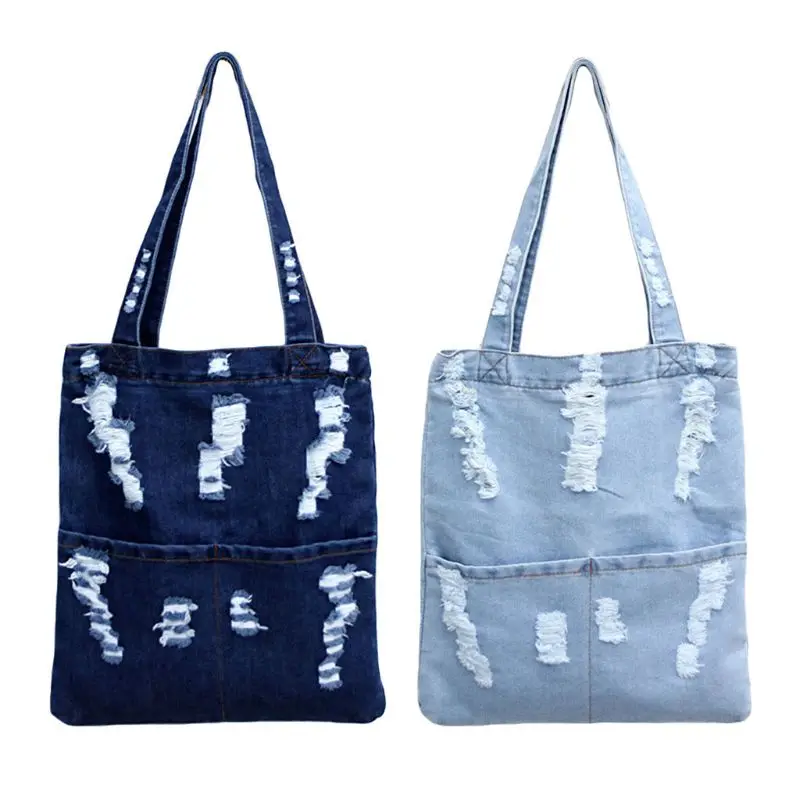 

Ripped Moussy Jean Shoulder Bag Large Capacity Canvas Handbag Vintage Handle Bags Shopping Style Female Tote With External Pocke