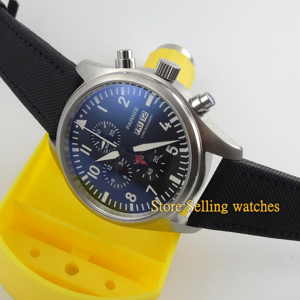 Parnis 42mm black dial date week Luminous Full chronograph quartz men's watch