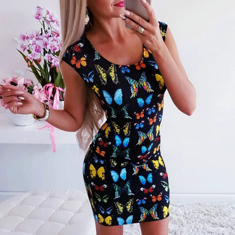 2019 الساخن بيع مثير الأسود الفراشة مطبوعة أكمام Bodycon اللباس الصيف البسيطة اللباس الإمبراطورية الخصر اللباس النساء