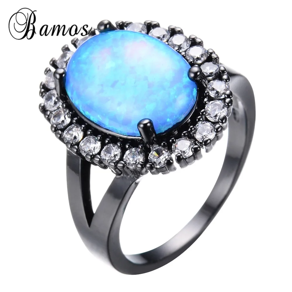 Bamos Fashion Big Oval Blue Fire Opal Ring Black Gold Filled Wedding