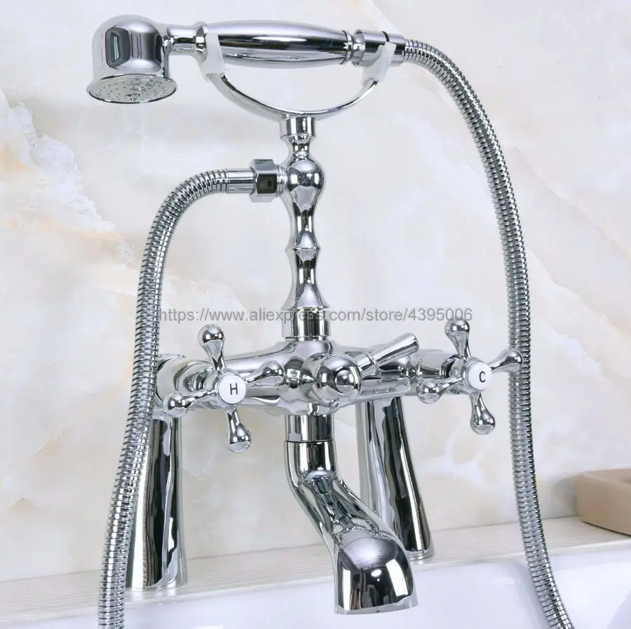 

Polished Chrome Bathtub Faucets Deck Mounted Telephone Style Clawfoot Tub Mixer Tap with Handheld Spray Shower Bna124