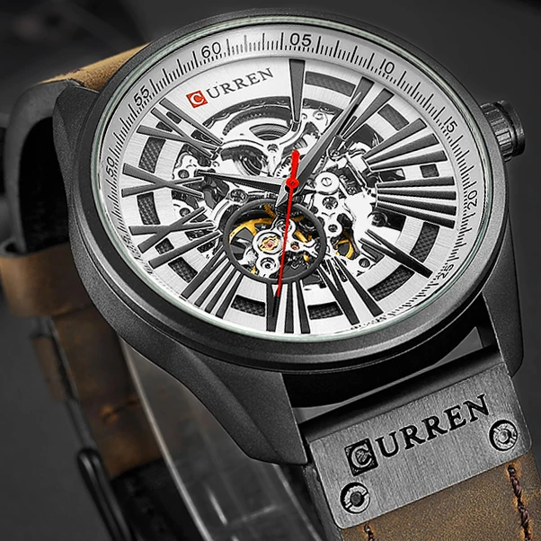 New CURREN Watch Men Skeleton Tourbillon Mechanical Watches Male Leather Automatic Self-wind Sports Clock Relogio Masculino 1