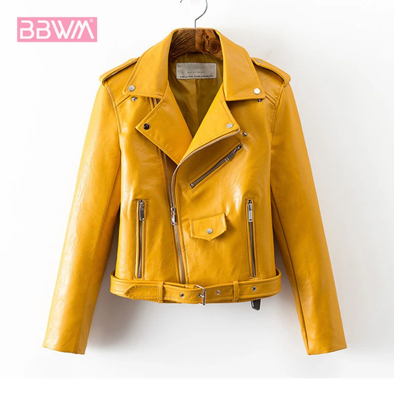 Кожаная женская куртка, осень, новинка, корейская мода, короткий отрезок талии, из искусственной кожи, дикая женская куртка, желтый, розовый, черный цвет, пальто