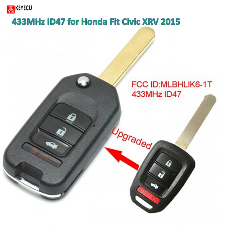 Keyecu Intelligent DIY Upgraded Flip Remote Car Key Fob 3+1 Button 433MHz ID47 for Honda Fit Civic XRV 2015 FCC ID: MLBHLIK6-1T |