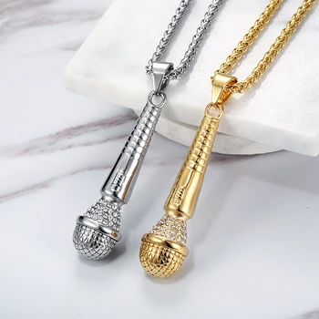 

Hip Hop Necklace Stainless Steel Gold Color Iced Out Chains Music Microphone Pendant Necklace For Men/Women Gifts