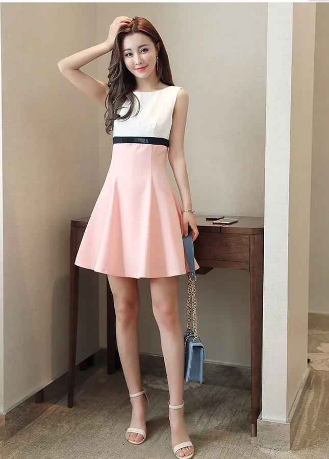 Girls Casual Summer Fashion Light Pink Dresses School Girls Slim Dress Korean Japanese Style