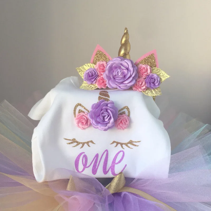 

Baby Clothes Girl Infant Clothing Cotton Unicorn Baby 3pcs/Sets Rompers Skirt Headband New Born Baby 1st Birthday Party Outfits