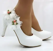 font b women b font dress Shoes fashion white pearl flowers high heels shoes bridal