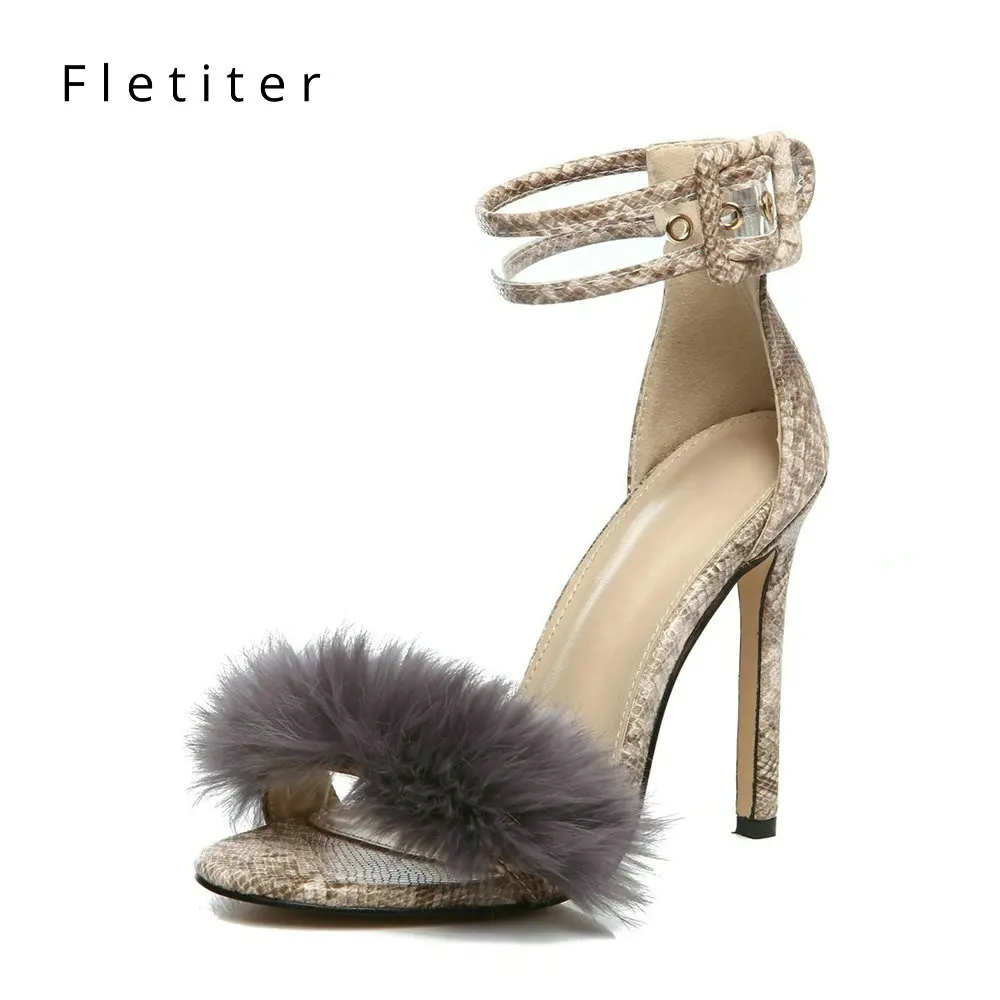 

Fletiter 2018 Ankle Strap Fur Sandals women Fashion Leopard Thin High Heels Women Sandals Black Summer Shoes Party Sandals