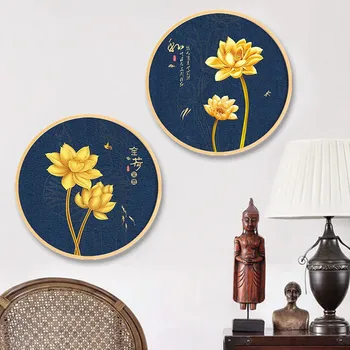 

Chinese style Zen round decorative painting hotel entrance living room home creative mural solid wood frame golden lotus