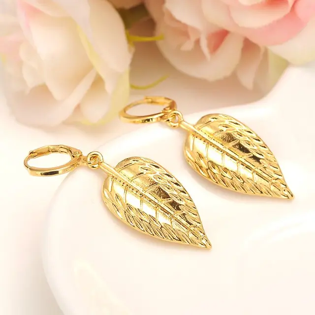 Pendientes de oro amarillo de 14 k con hojas de GF para Mujer, aretes colgantes largos, joyería de Dubái, india Pendientes de oro amarillo de 14 k con hojas de GF para Mujer, aretes colgantes largos, joyería de Dubái, india