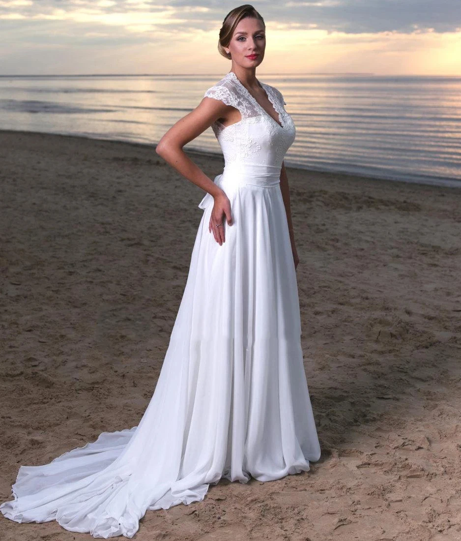 

Chiffon Beach Wedding Dress A Line Cap Sleeve V neck Lace Top Wedding Dresses Formal Bridal Gowns Robe De Soiree