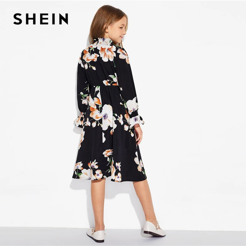 Beste SHEIN Meisjes Bloemenprint Stand Kraag Elegante Jurk Kinderen Kleding 2019 Lente Koreaanse Lange Mouwen EEN Lijn Casual Jurken