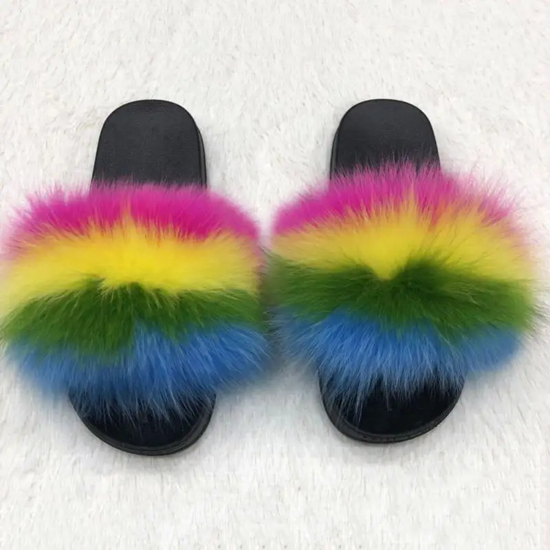 

SWONCO Natural Fox Fur Slipper Women Summer Shoes Slip On 2019 Female Causal Shoes Furry Slides Luxury Fox Fur Slipper For Women