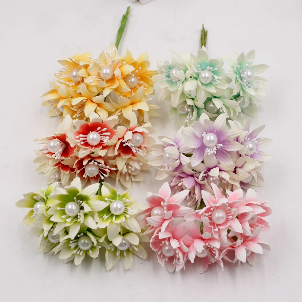 

6pcs Silk Chrysanthemum Big Pearl Artificial Flower Bouquet For Wedding Decoration DIY Wreath Gift Scrapbooking Craft Flower