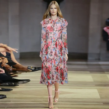 

100% Pure Silk Dress 2019 Spring Women Elegant Ruffles Long Sleeve Floral Printed Long Dress Designer Runway Dress