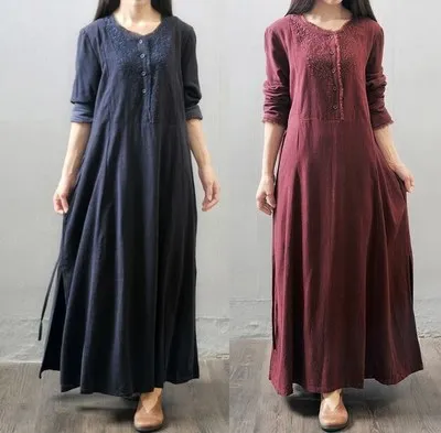 

New2016 Spring Summer Style Women Cotton Linen loose long Dress embroidery elegant China Style maxi dress linen dress vestidos