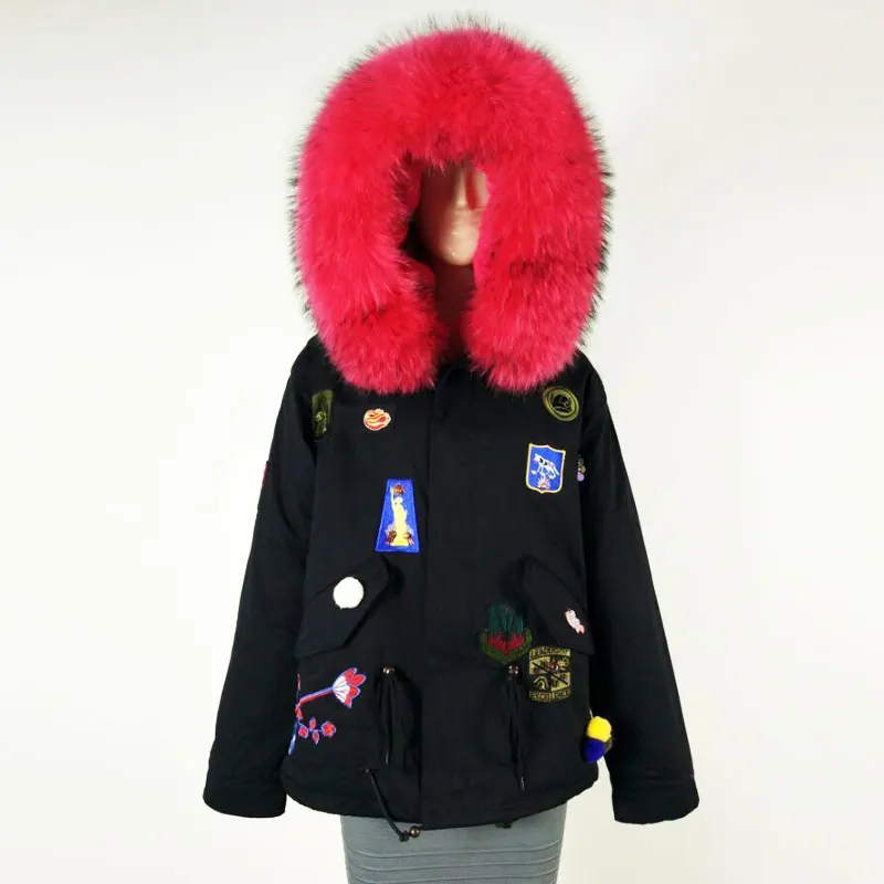 Special Price New Arrival Black Jacket with Embroidery & Badge Peach Big raccoon collar Factory sale Jacket