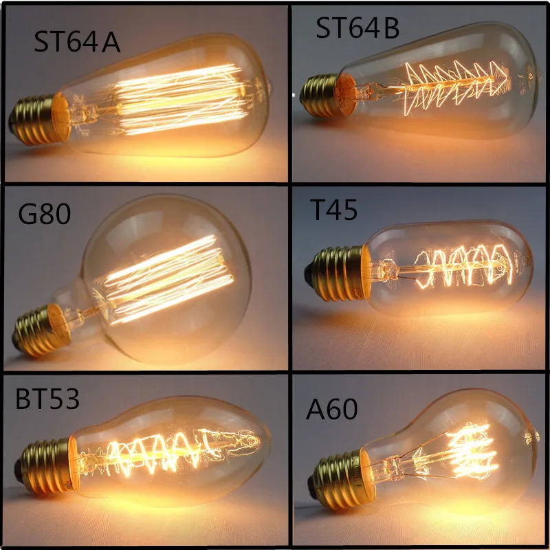 Лампа Эдисона E27 40 Вт 60 220 В A60 BT53 ST64 A19 T45 ST48 лампа накаливания Ampoule винтажная для