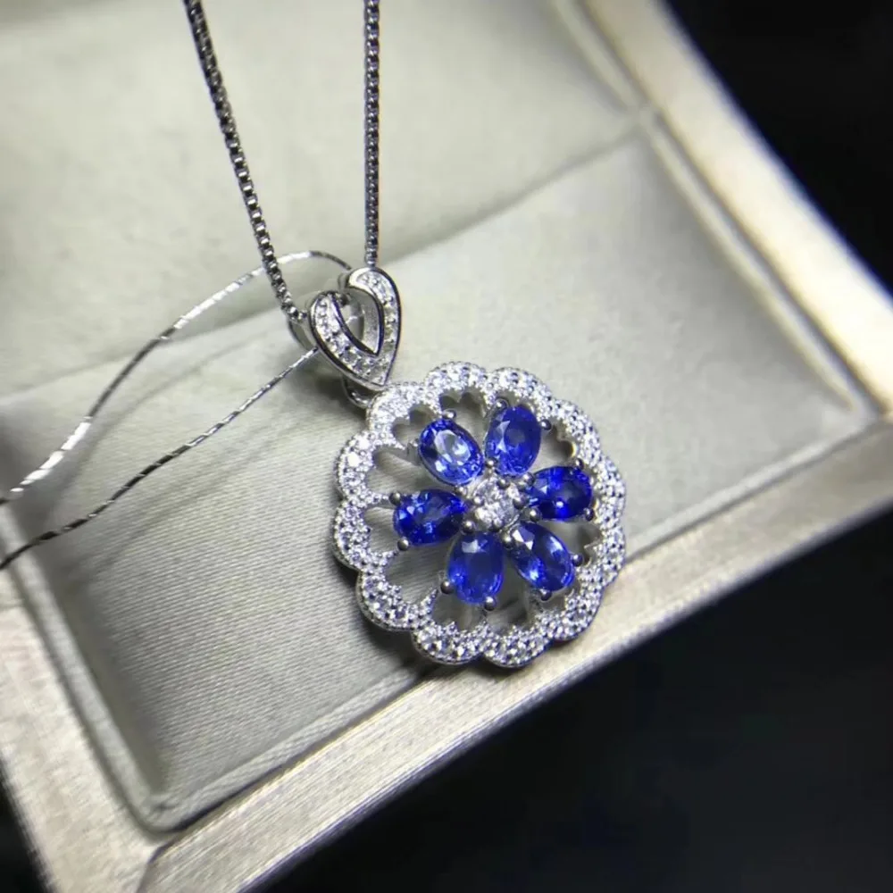 Collier pendentif fleur saphir bleu naturel élégant collier S925 argent pierre précieuse naturelle