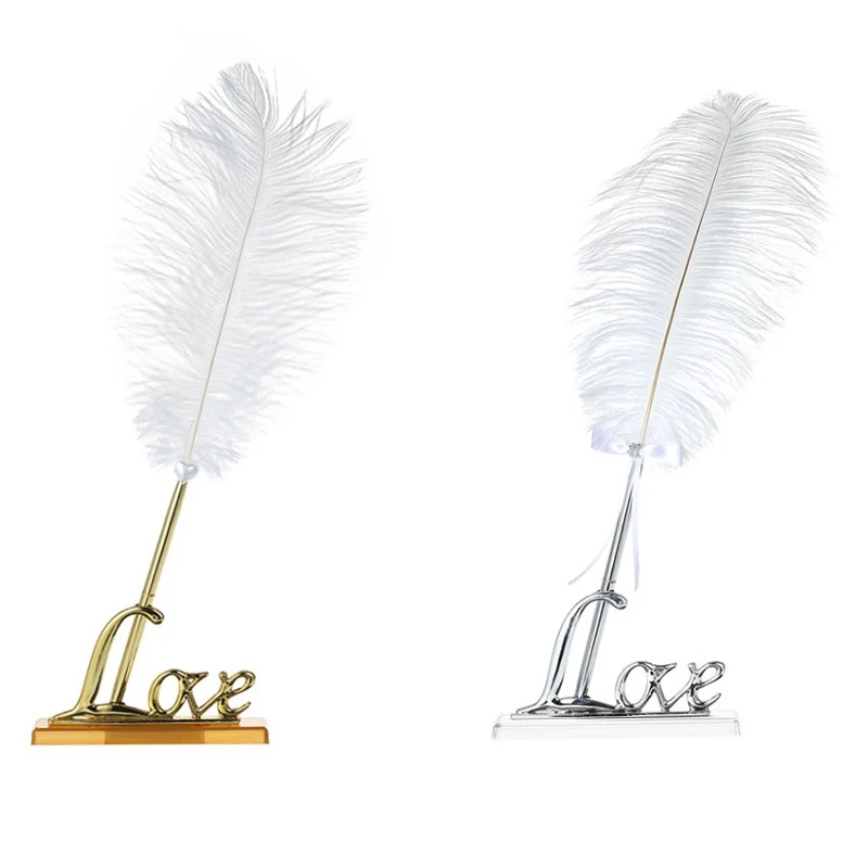 

Retro White Ballpoint Pen ABS Feather Pen With LOVE Base Wedding Party Pens Stand Writing For School Supplies Stationery