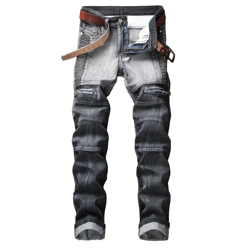 

Trendy personality European and American style high-end brand pleated men jeans street Slim stretch color matching men's pants