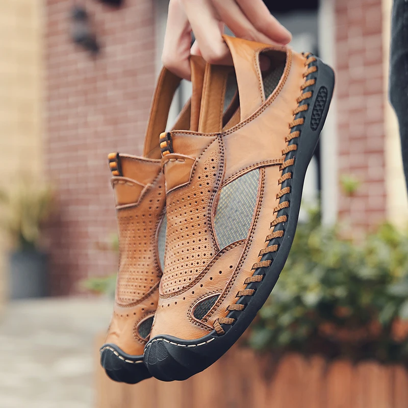 

2019 Summer New Men's Sandals Fashion Flat Sandals First Layer Cowhide Handmade Baotou Sandals Men's Shoes