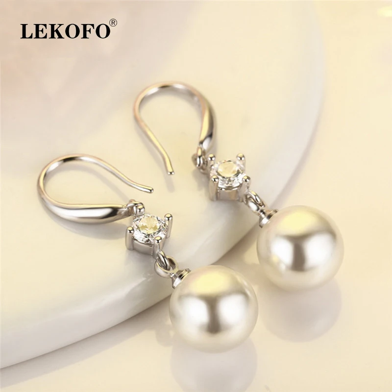 

LEKOFO New Female High Quality Fashion Jewelry Crystal Pearl Dangle Earrings 925 Sterling Silver Drop Earrings For Women 12MM