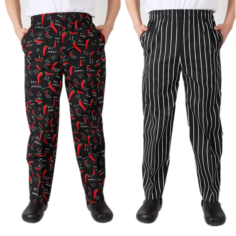 

Red Peppers Restaurant Uniform Chef Pants Elastic Waist Work Cook Trousers black and white striped Food Service Clothes