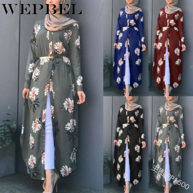 WEPBEL Muslim Women Dress Elegant Floral Full Sleeve Flower Print Casual Sashes New Fashion Summer Islam Lady Abaya Dresses