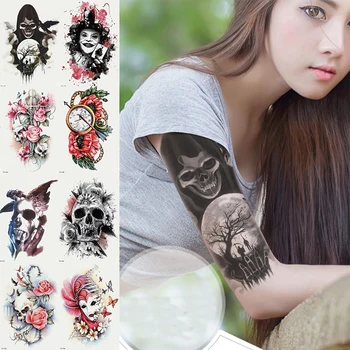 

21x15cm Brand New Body Art flower arm Temporary tattoo Skull rose Clown Terror clock Exotic Sexy Flash Henna Tattoos Stickers
