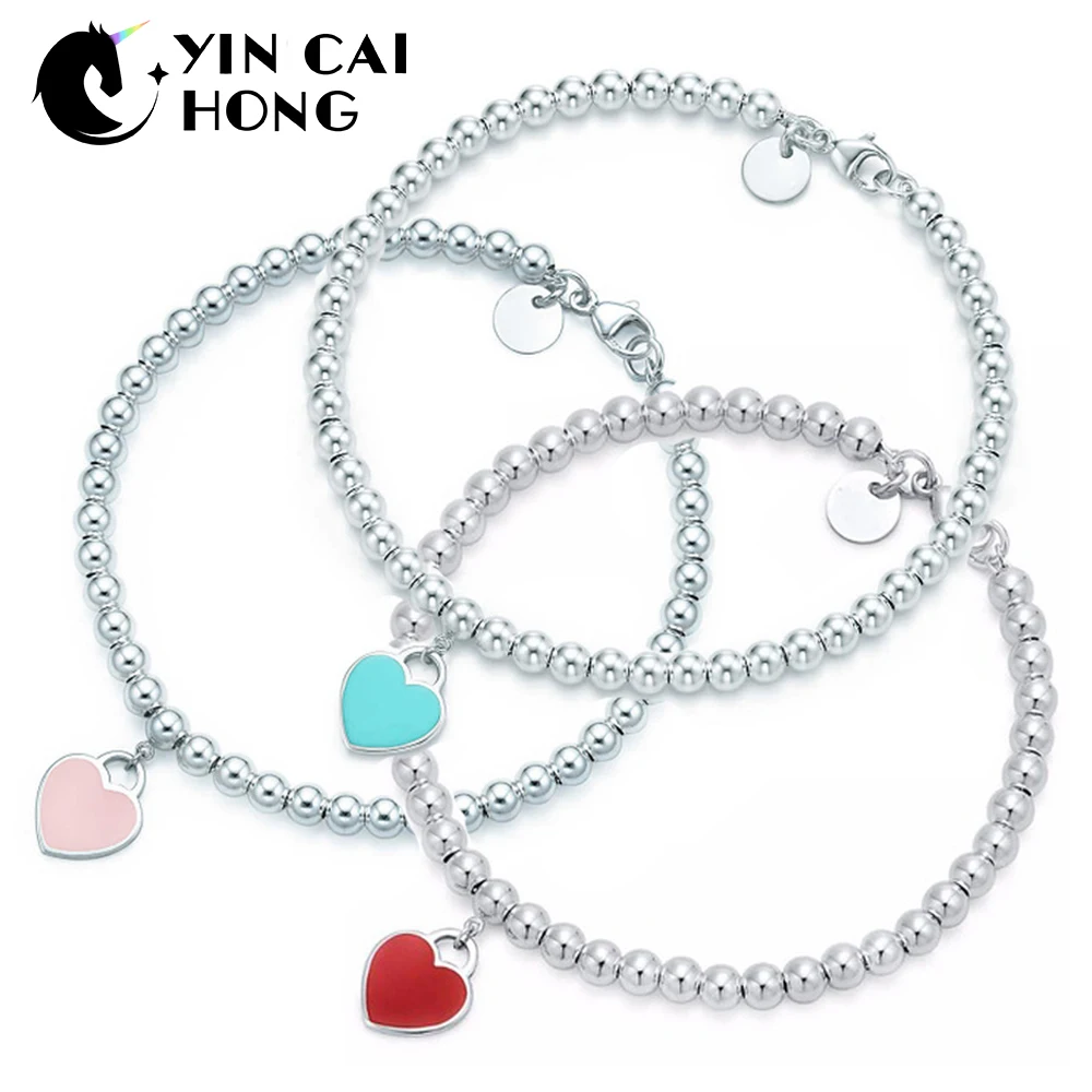 

YCH Charm for Gifts 925 Sterling Silver Green Pink Red Heart Shaped Women's Round Tiff Bracelet Silverware Matching World Jewelr