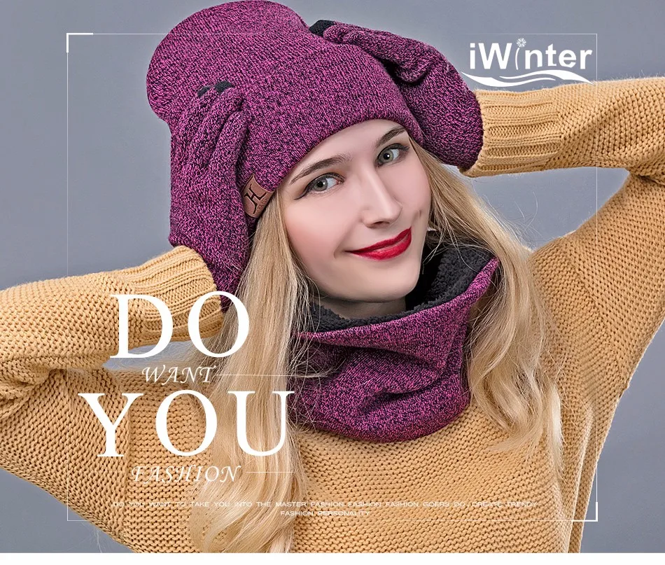 IWINTER 3 Pieces Комплект женщин Зимняя шляпа и перчатки наборы Хлопок Unisex Hat Шарф перчатки Установить твердой шляпы и шарф для женщин Мужчины