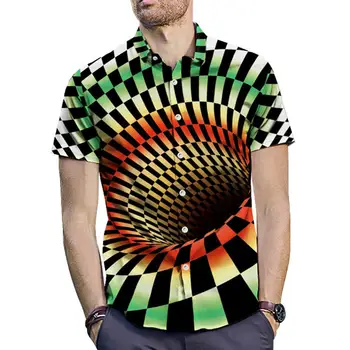 

2019 Fashion Summer Men Funny Vertigo Hypnotic 3D Art Printing Short Sleeve Turn Down Collar Cotton Shirt Top Tees