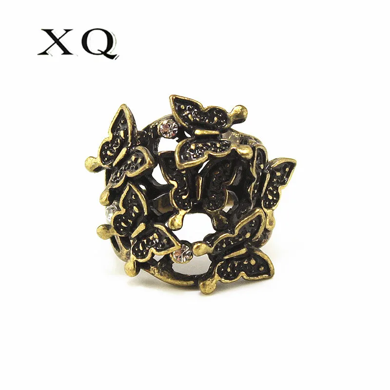 

XQ zinc alloy jewelry Openwork Butterfly Ancient Gold Color Ancient Silver Color Ring Fashion Openwork Retro Woman Accessories