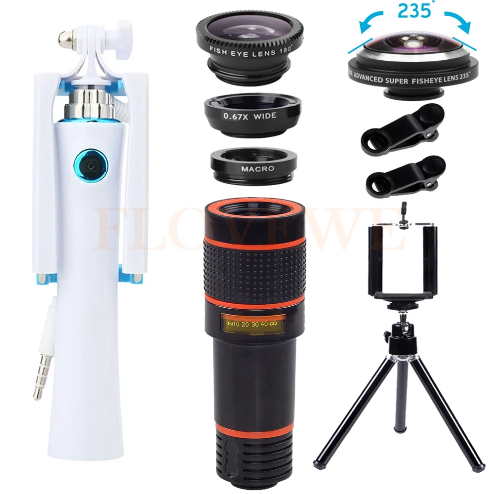 Camera lens Kit 12X Telephoto Zoom Lenses Mini Selfie Stick Wide Angle Macro 235 degree Fisheye