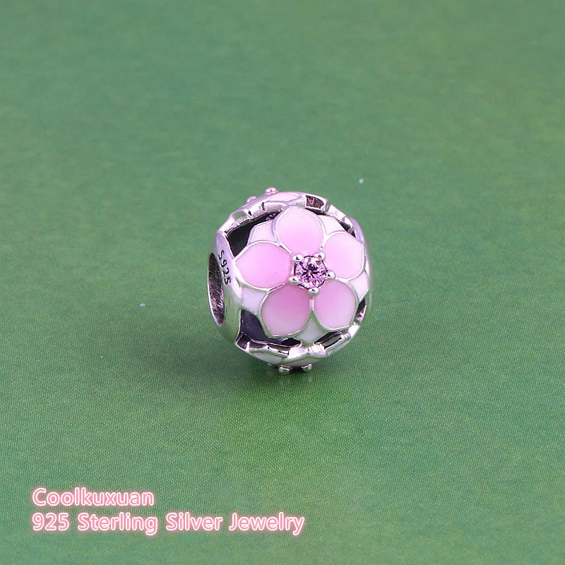 

Spring Pale Cerise Enamel Pink CZ Magnolia Bloom Flowers Charms Beads Fits Pandora bracelets 925 Sterling Silver Bead