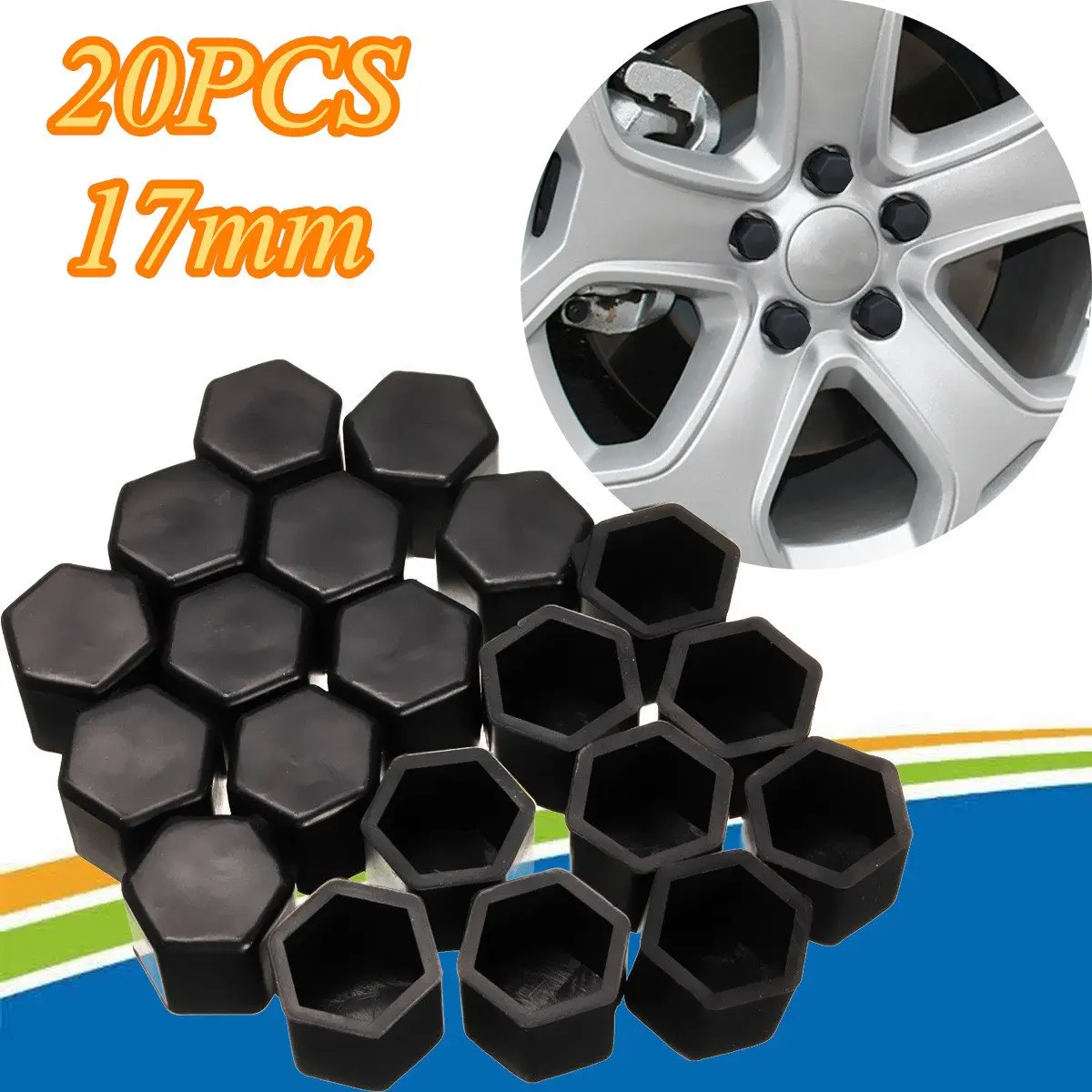 20pcs 17mm Black Silicone Hex Protector Wheel Lug Bolt Nut Cap Valve