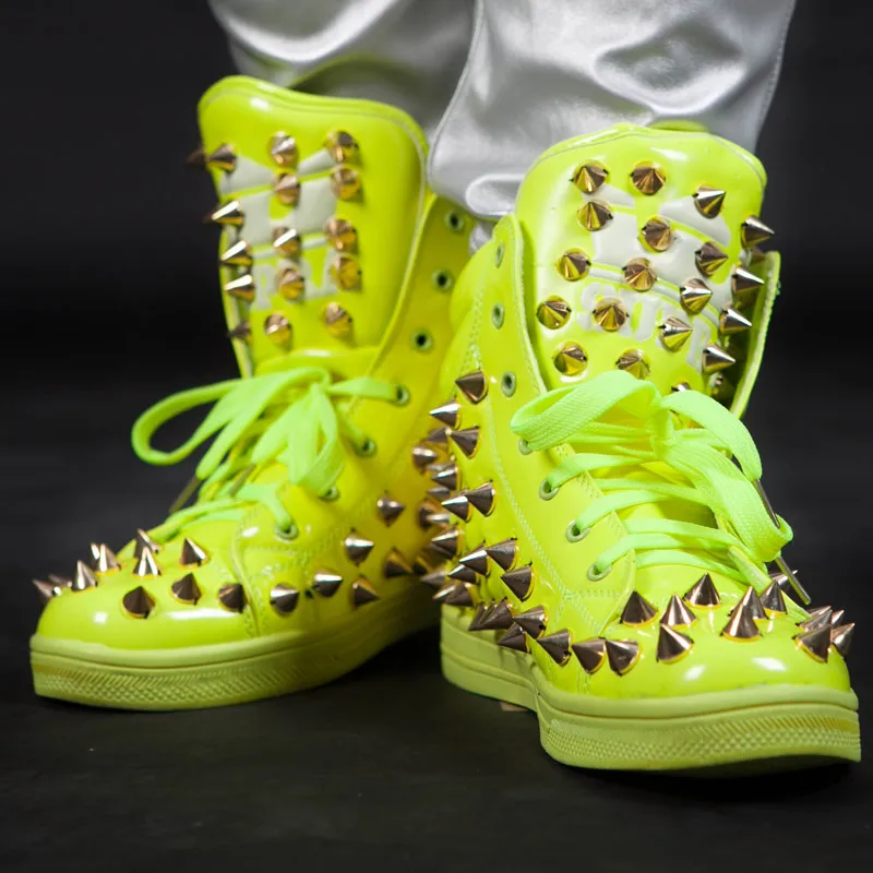 

Womens Studed Dance Sneaker Spike Rivet Boot Studs Punk High-Top Shoes Patent Leather Casual Motorcycle A1101