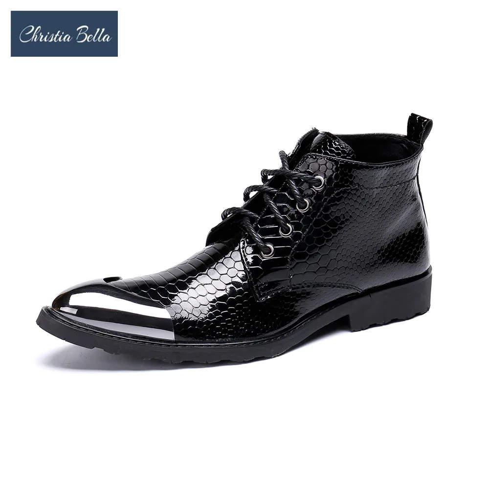 

Christia Bella Business Men Prom Pointed Toe Ankle Boots Real Leather Lace Up Boots Crocodile Pattern Motorcycle Male Boots