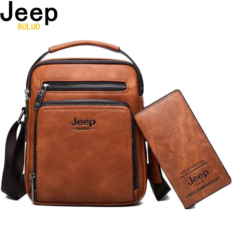 

JEEP BULUO Brand Men Bags 2pce set Crossbody Business Casual Handbag Male Spliter Leather Messenger Shoulder Bag For iPad