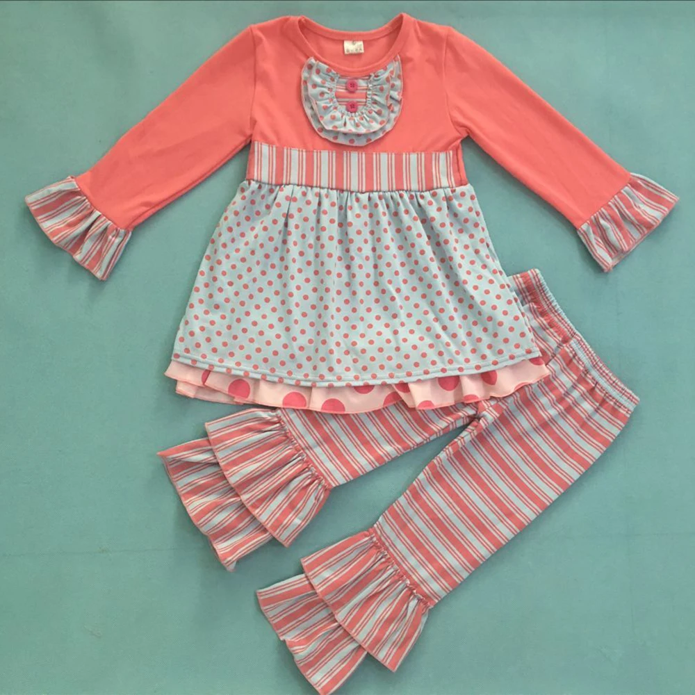 New Design Fall Winter Baby Pink Ruffle Tops and Pants Kids Outfit
