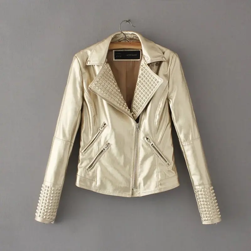 2017 Hot Sale Women Fashion Leather jacket Ladies Soft Faux Leather Gold Jacket PU Jackets Coats