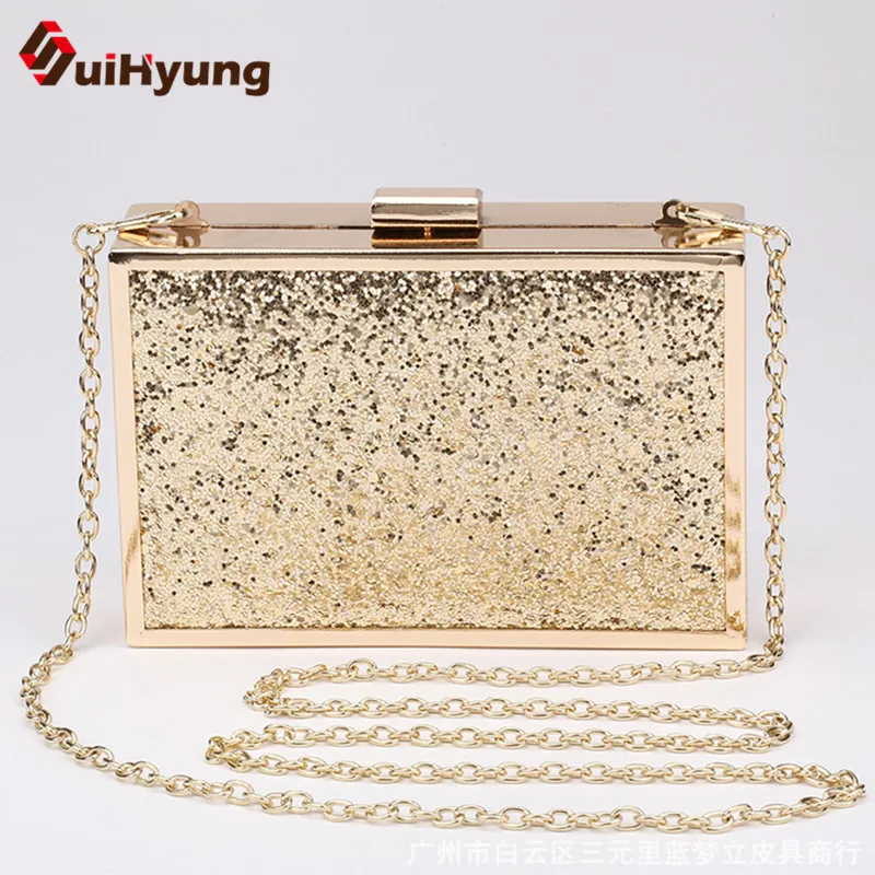 Free Shipping New Fashion Female Glitter Evening Bag Gold Alloy Frame Hard Box Day Clutch Women