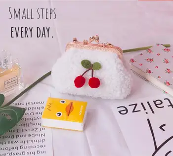 

Angelatracy Lambs wool 3D Cherry Japan Girl Woman Small Shoulder Bag White Coin Purse Bag Clasp Lady Hand Bags bolsa feminina